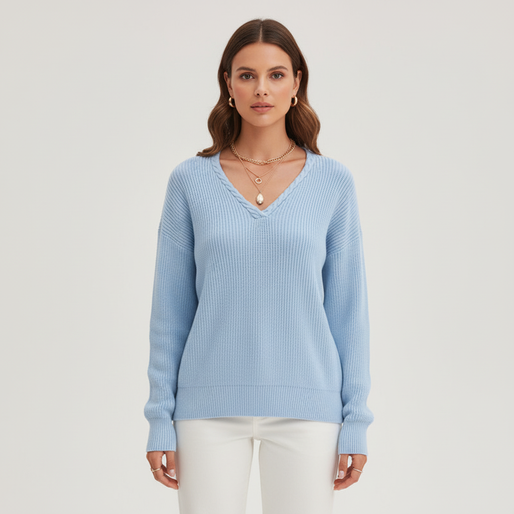 Melanie | Women's Ribbed V Neck Sweater with Relaxed Sleeves