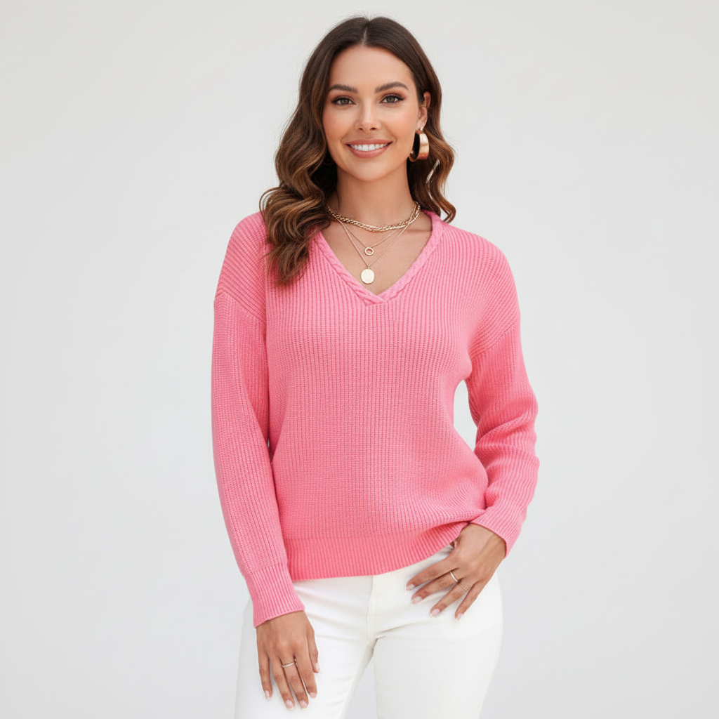 Melanie | Women's Ribbed V Neck Sweater with Relaxed Sleeves
