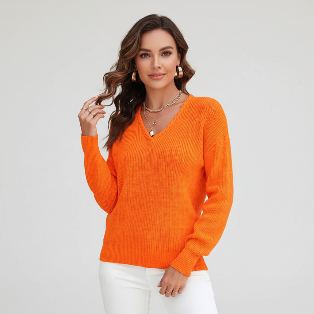 Melanie | Women's Ribbed V Neck Sweater with Relaxed Sleeves