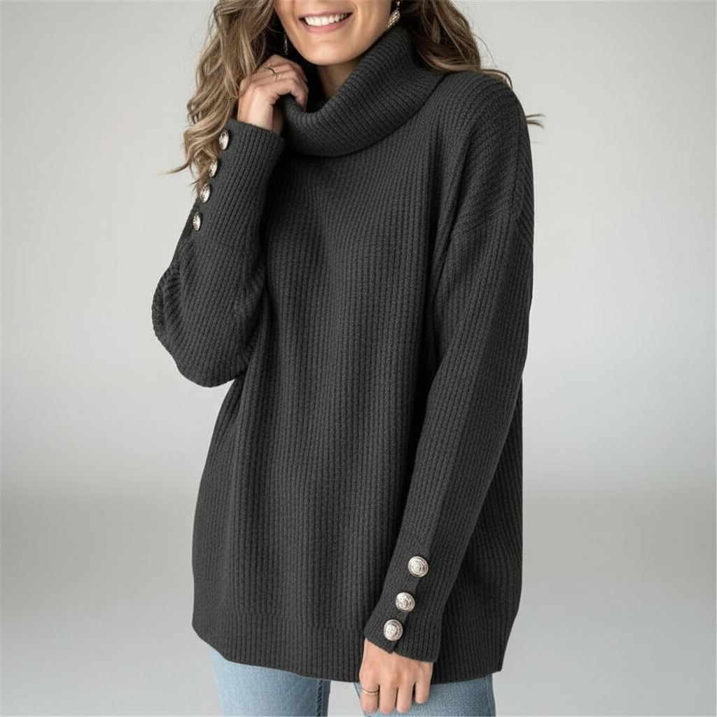 Corinne | Women's Ribbed Cowl Neck Sweater with Button Cuffs
