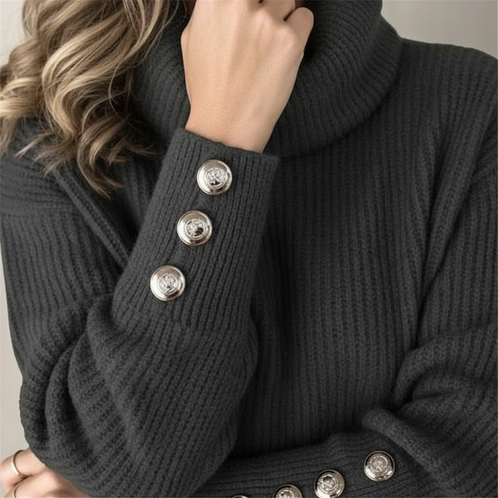 Corinne | Women's Ribbed Cowl Neck Sweater with Button Cuffs