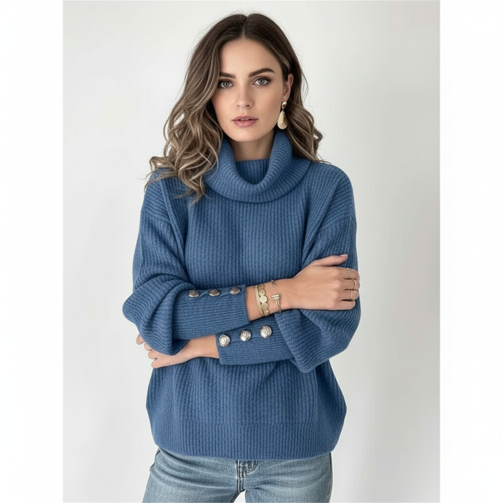 Corinne | Women's Ribbed Cowl Neck Sweater with Button Cuffs