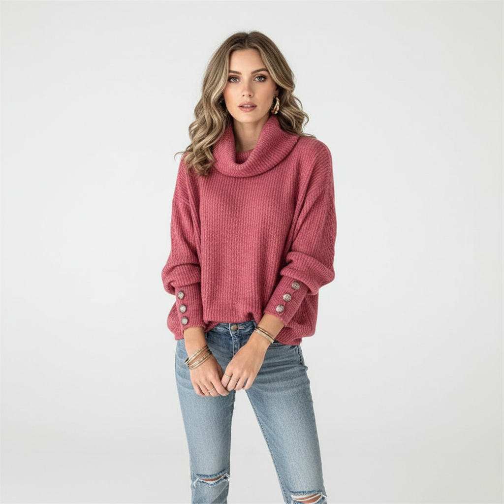 Corinne | Women's Ribbed Cowl Neck Sweater with Button Cuffs