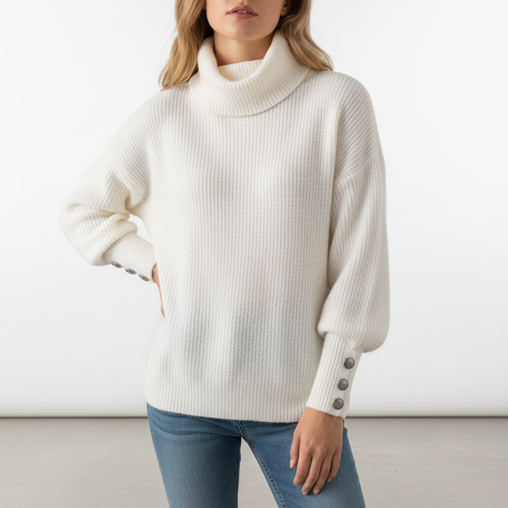 Corinne | Women's Ribbed Cowl Neck Sweater with Button Cuffs