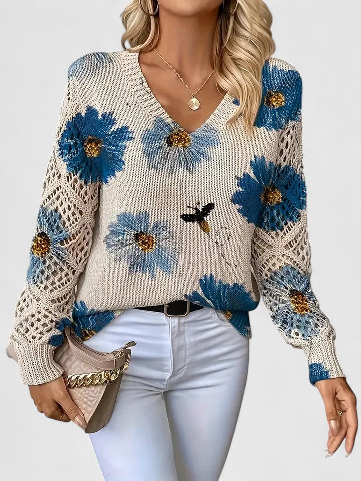 Yvonne | Women's Printed V-Neck Knit Sweater – Breathable Openwork Top for Spring Events and Weekend Wear