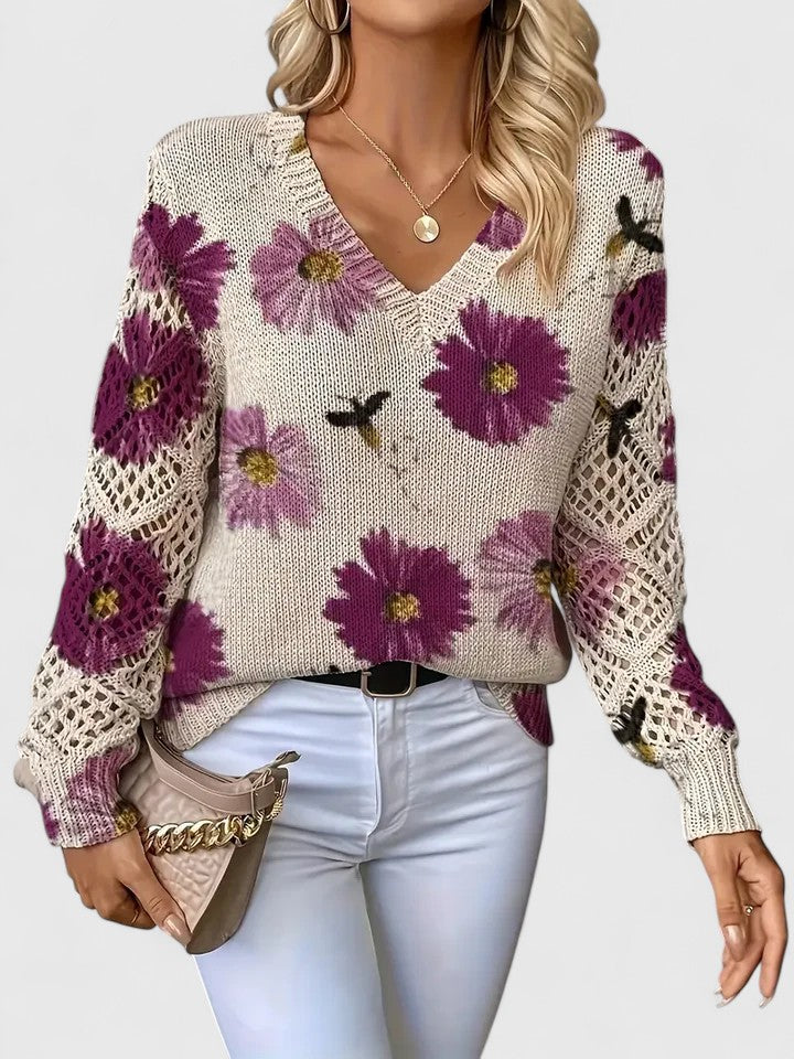 Yvonne | Women's Printed V-Neck Knit Sweater – Breathable Openwork Top for Spring Events and Weekend Wear