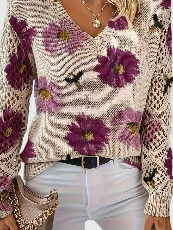 Yvonne | Women's Printed V-Neck Knit Sweater – Breathable Openwork Top for Spring Events and Weekend Wear