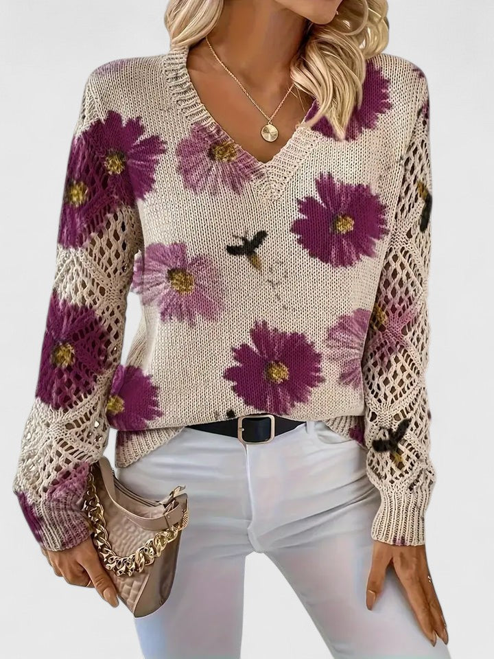 Yvonne | Women's Printed V-Neck Knit Sweater – Breathable Openwork Top for Spring Events and Weekend Wear