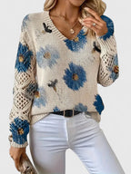 Yvonne | Women's Printed V-Neck Knit Sweater – Breathable Openwork Top for Spring Events and Weekend Wear