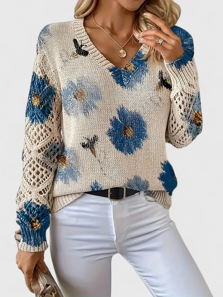 Yvonne | Women's Printed V-Neck Knit Sweater – Breathable Openwork Top for Spring Events and Weekend Wear