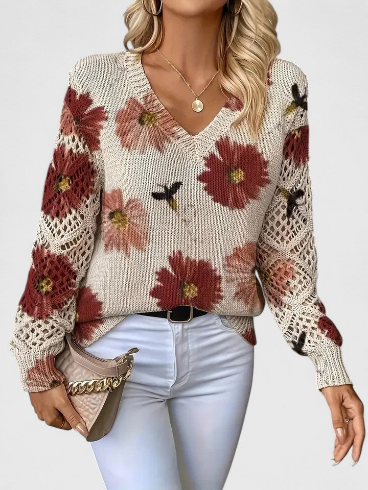 Yvonne | Women's Printed V-Neck Knit Sweater – Breathable Openwork Top for Spring Events and Weekend Wear