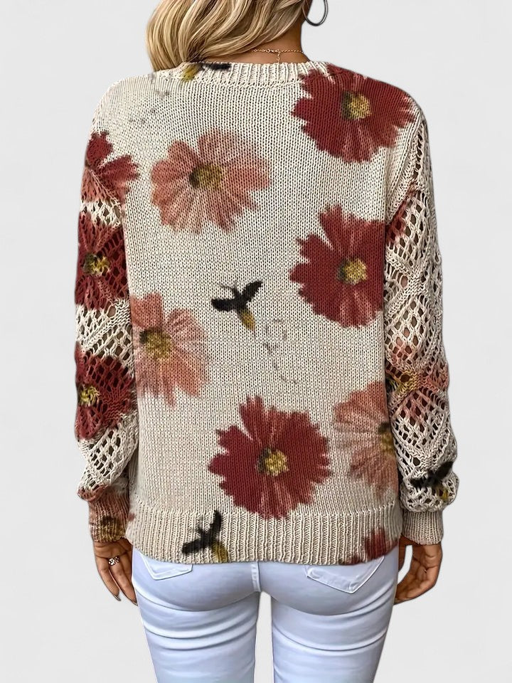 Yvonne | Women's Printed V-Neck Knit Sweater – Breathable Openwork Top for Spring Events and Weekend Wear