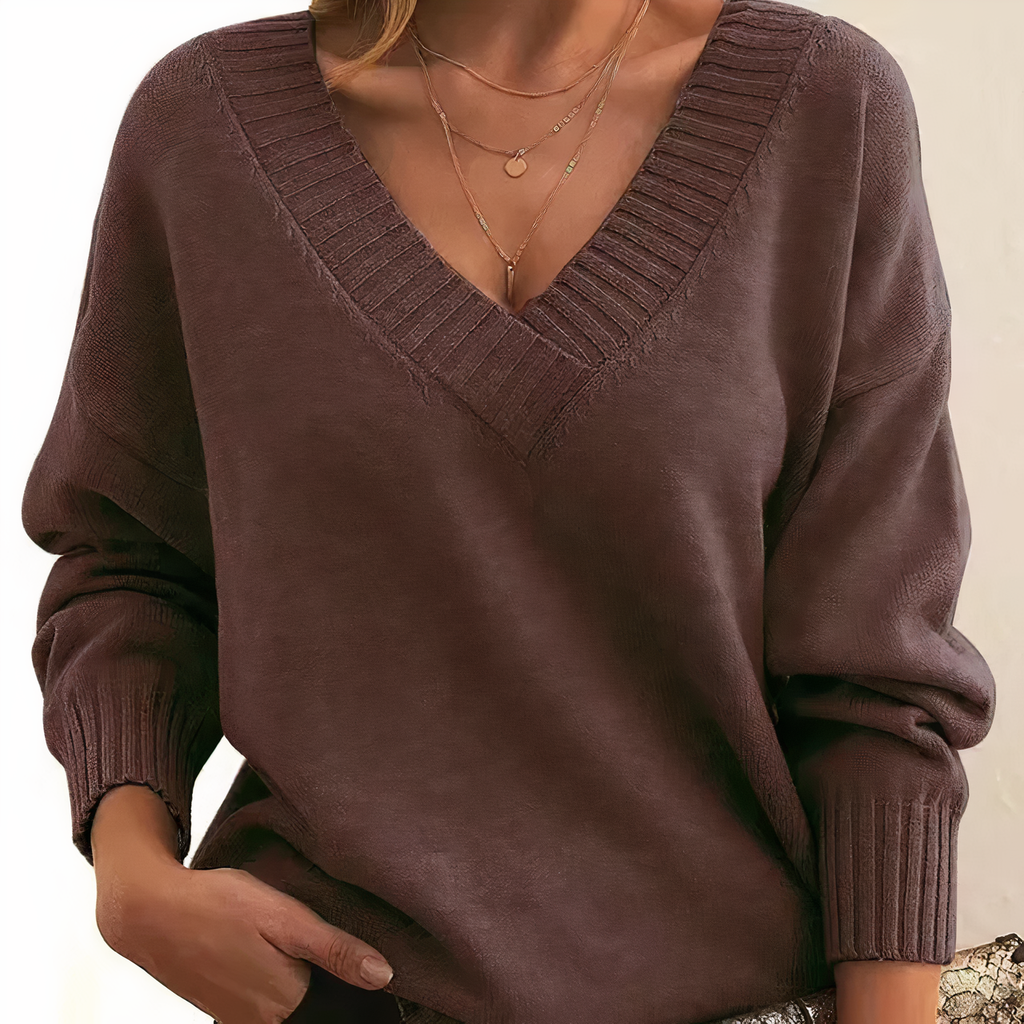 Amanda | Women's Deep V-Neck Knitted Jumper Relaxed Long Sleeve Pullover