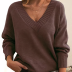 Amanda | Women's Deep V-Neck Knitted Jumper Relaxed Long Sleeve Pullover