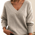 Amanda | Women's Deep V-Neck Knitted Jumper Relaxed Long Sleeve Pullover