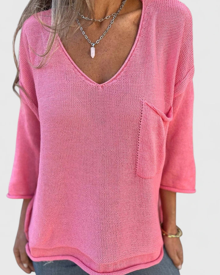 Kristen | Women's Relaxed V-Neck Knitted Top – Lightweight Long Sleeve Layer for Spring and Autumn