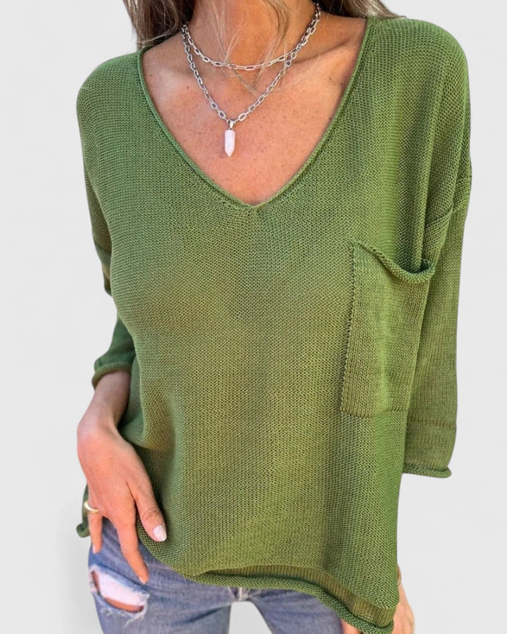 Kristen | Women's Relaxed V-Neck Knitted Top – Lightweight Long Sleeve Layer for Spring and Autumn