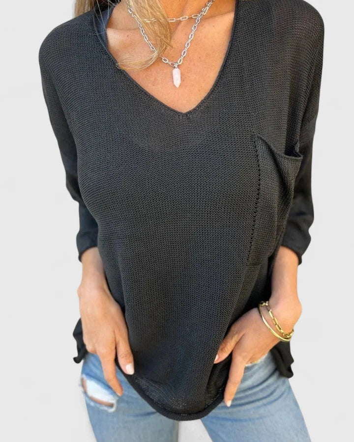 Kristen | Women's Relaxed V-Neck Knitted Top – Lightweight Long Sleeve Layer for Spring and Autumn
