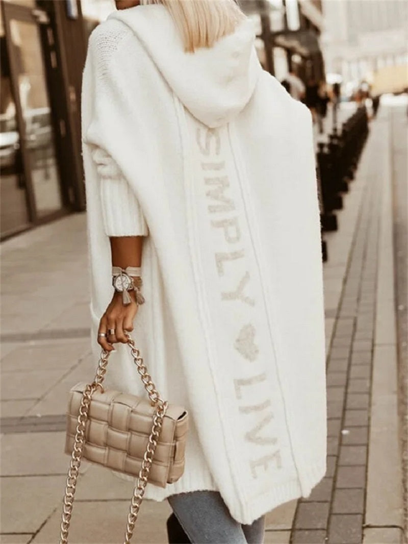 Faith | Women's Hooded Longline Knit Cardigan – Oversized Open-Front Layer with Relaxed Three-Quarter Sleeves for Winter Styling