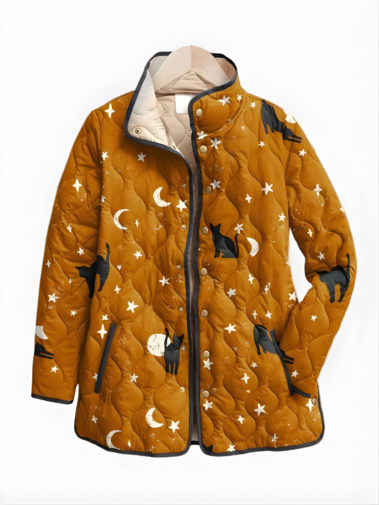 Naomi | Black Quilted Jacket with Cat Pattern