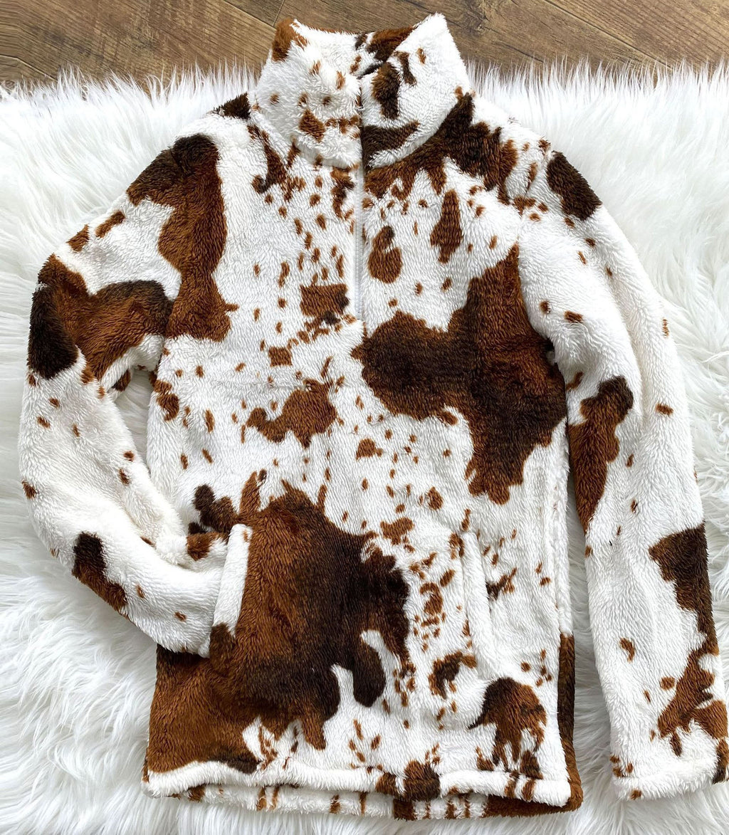 Cassandra | Women's Cow-Print Sherpa Quarter-Zip Sweatshirt – Cosy Fleece Pullover for Cooler Days