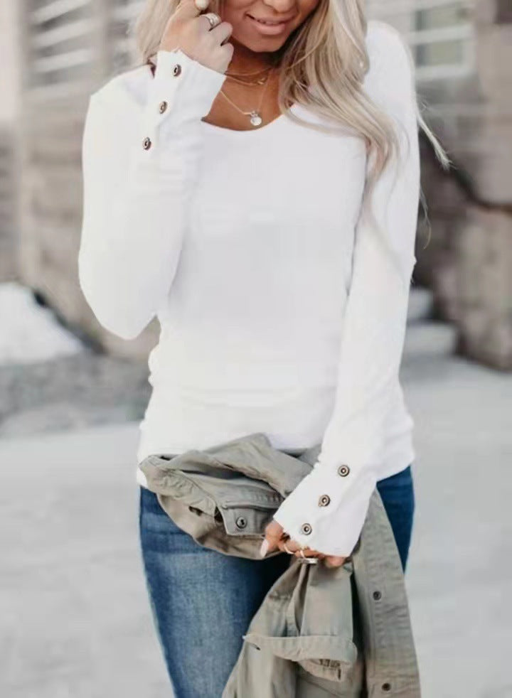 Claudia | Women's Long Sleeve V-Neck Top With Button Detail – Comfortable Breathable Stylish Slim Fit Everyday Wear