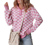 Ingrid | Women's Checkerboard Collared Knit Sweater – Relaxed Button-Neck Pullover for Casual Layering