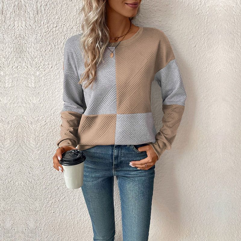 Audrey | Women's Geometric Patchwork Sweatshirt – Textured Crew-Neck Pullover for Modern Casual Styling