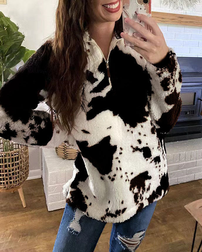 Cassandra | Women's Cow-Print Sherpa Quarter-Zip Sweatshirt – Cosy Fleece Pullover for Cooler Days