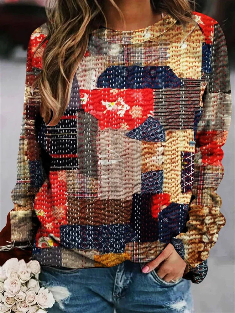 Edith | Women's Patchwork Knit Sweater – Textured Crew-Neck Pullover for Cosy Seasonal Styling