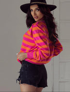 Aurora | Women's Striped Knit Sweater – Relaxed Crew-Neck Pullover with Statement Shoulders