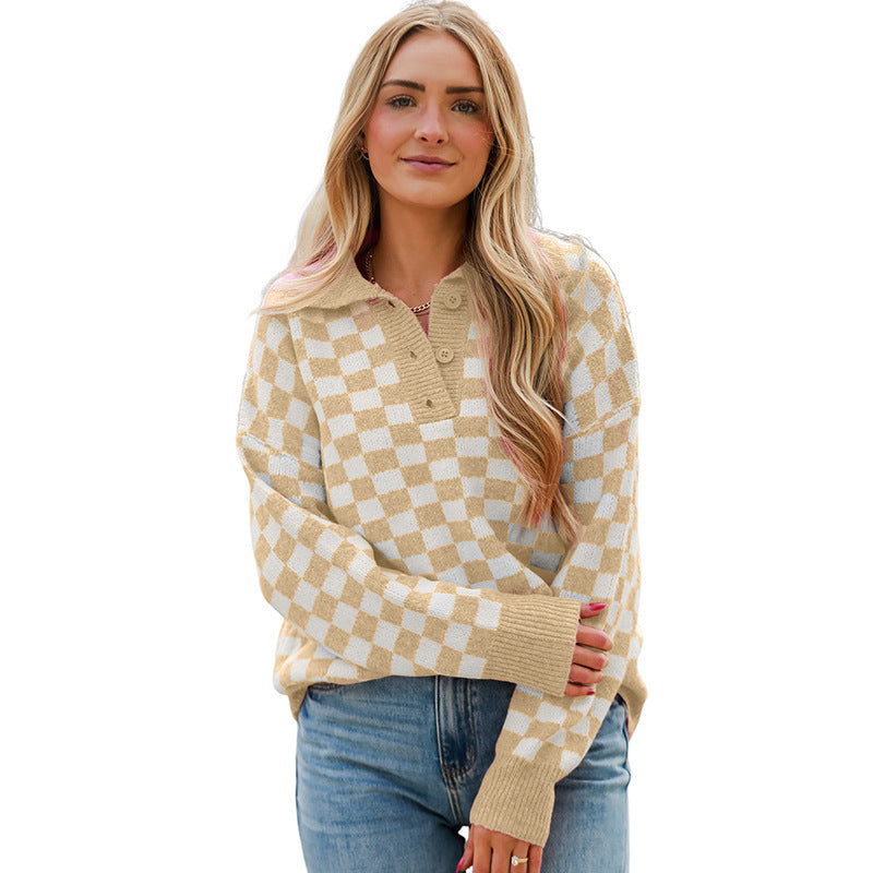Ingrid | Women's Checkerboard Collared Knit Sweater – Relaxed Button-Neck Pullover for Casual Layering