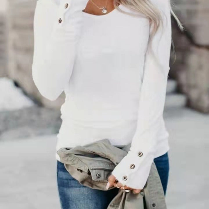 Claudia | Women's Long Sleeve V-Neck Top With Button Detail – Comfortable Breathable Stylish Slim Fit Everyday Wear