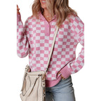 Ingrid | Women's Checkerboard Collared Knit Sweater – Relaxed Button-Neck Pullover for Casual Layering