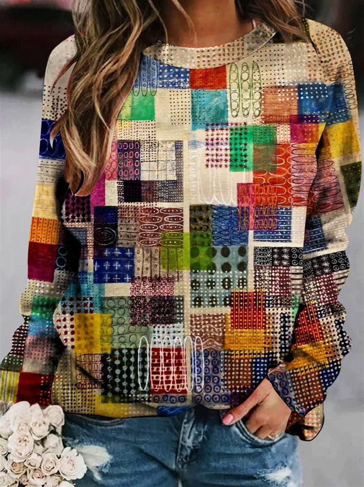 Edith | Women's Patchwork Knit Sweater – Textured Crew-Neck Pullover for Cosy Seasonal Styling