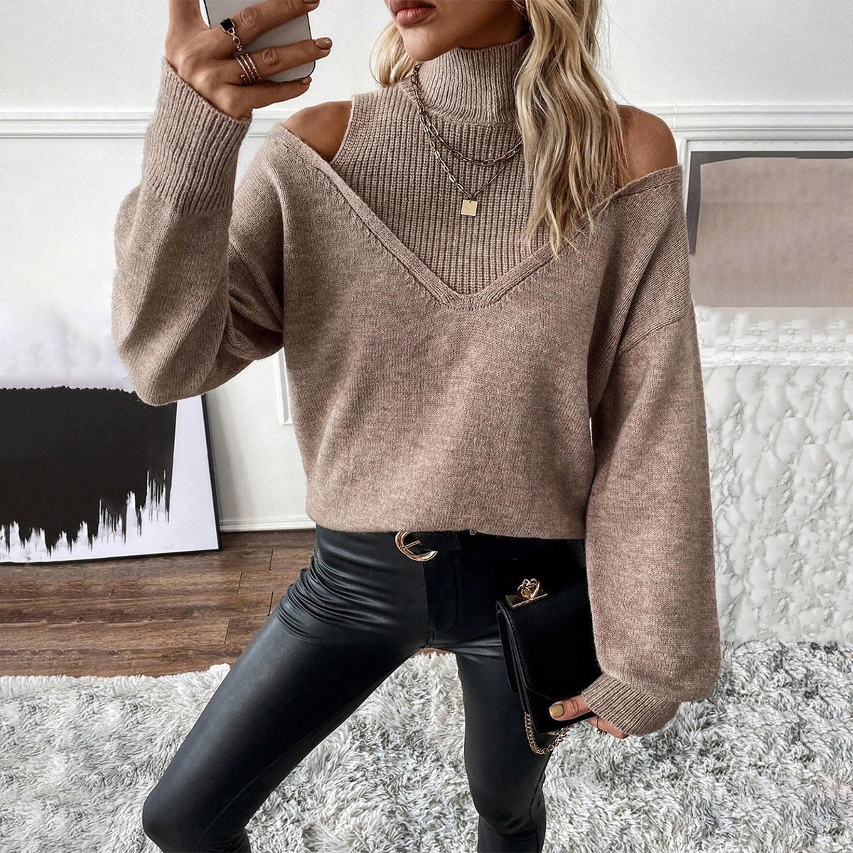 Lisa | Women's Cold-Shoulder Turtleneck Sweater – Layered Knit for Winter Wear