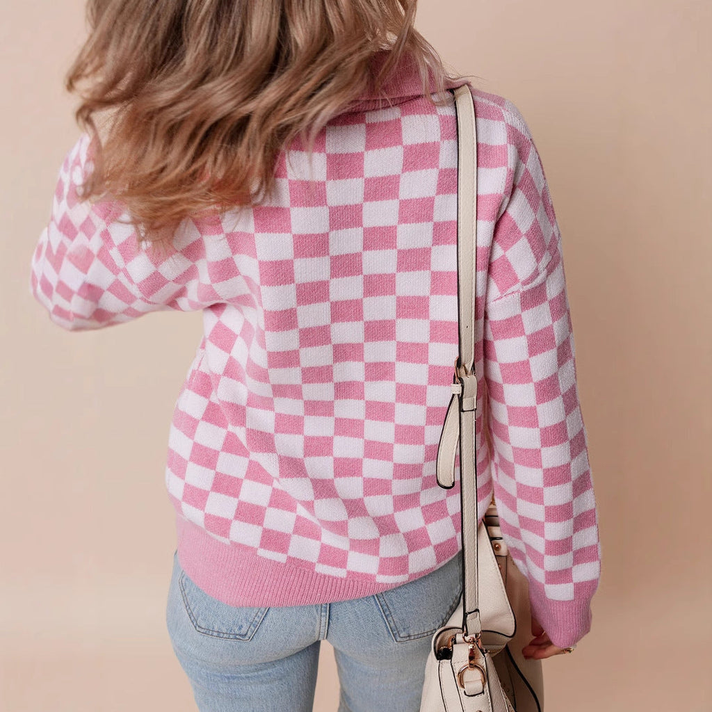 Ingrid | Women's Checkerboard Collared Knit Sweater – Relaxed Button-Neck Pullover for Casual Layering