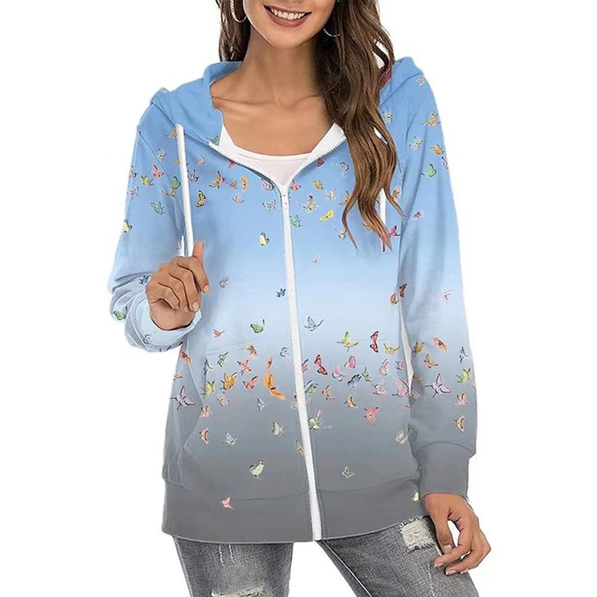 Annabel | Women's Butterfly Print Zip-Up Hoodie – Lightweight Casual Layer with Gradient Design