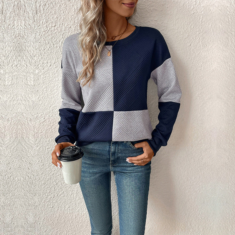Audrey | Women's Geometric Patchwork Sweatshirt – Textured Crew-Neck Pullover for Modern Casual Styling