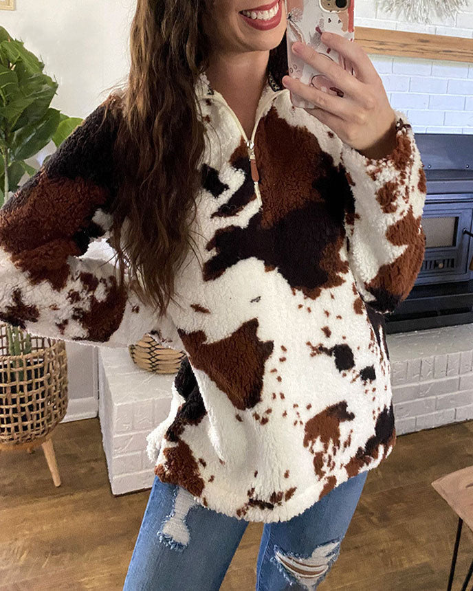 Cassandra | Women's Cow-Print Sherpa Quarter-Zip Sweatshirt – Cosy Fleece Pullover for Cooler Days
