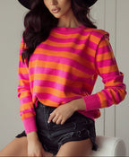 Aurora | Women's Striped Knit Sweater – Relaxed Crew-Neck Pullover with Statement Shoulders