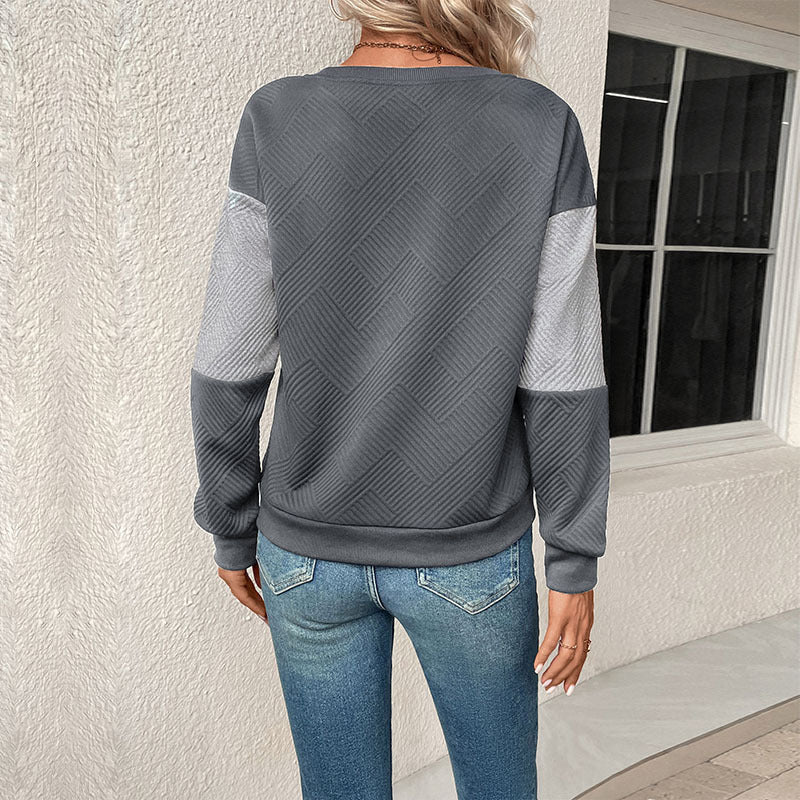 Audrey | Women's Geometric Patchwork Sweatshirt – Textured Crew-Neck Pullover for Modern Casual Styling