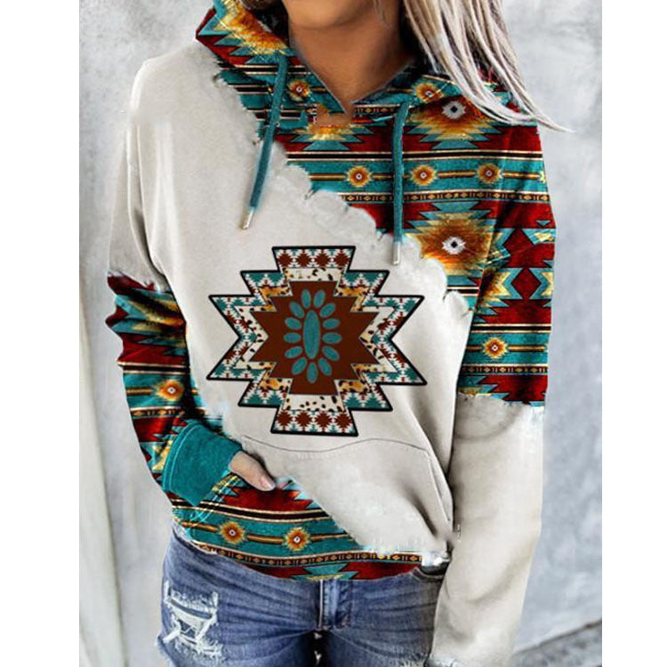 Rose | Women's Geometric Print Hoodie – Relaxed Drawstring Pullover for Casual Autumn Layering