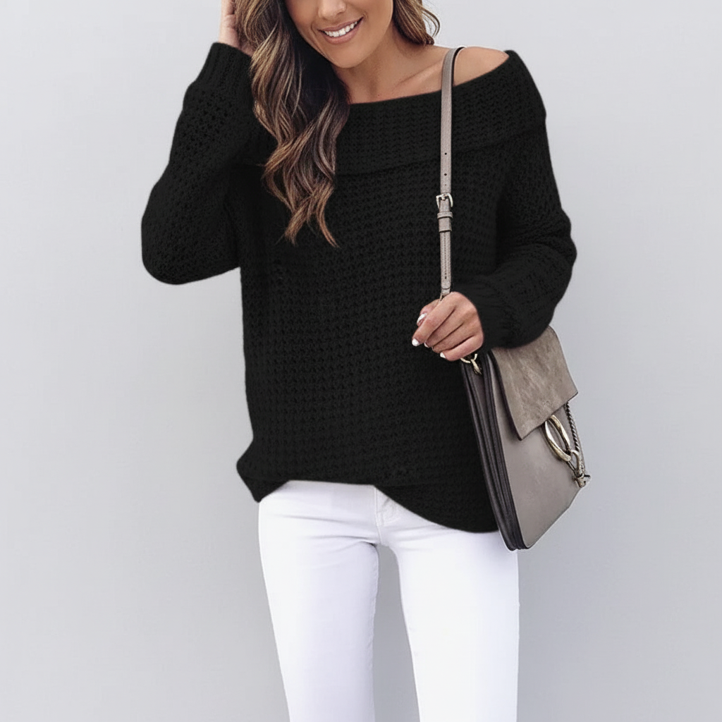 Hazel | Women's Off Shoulder Knit Sweater Relaxed Long Sleeve Fit