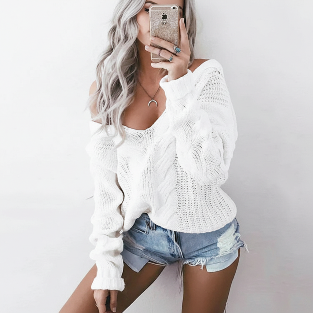 Marlene | Women's Oversized Openwork Sweater with Cable Texture and Wide Neck