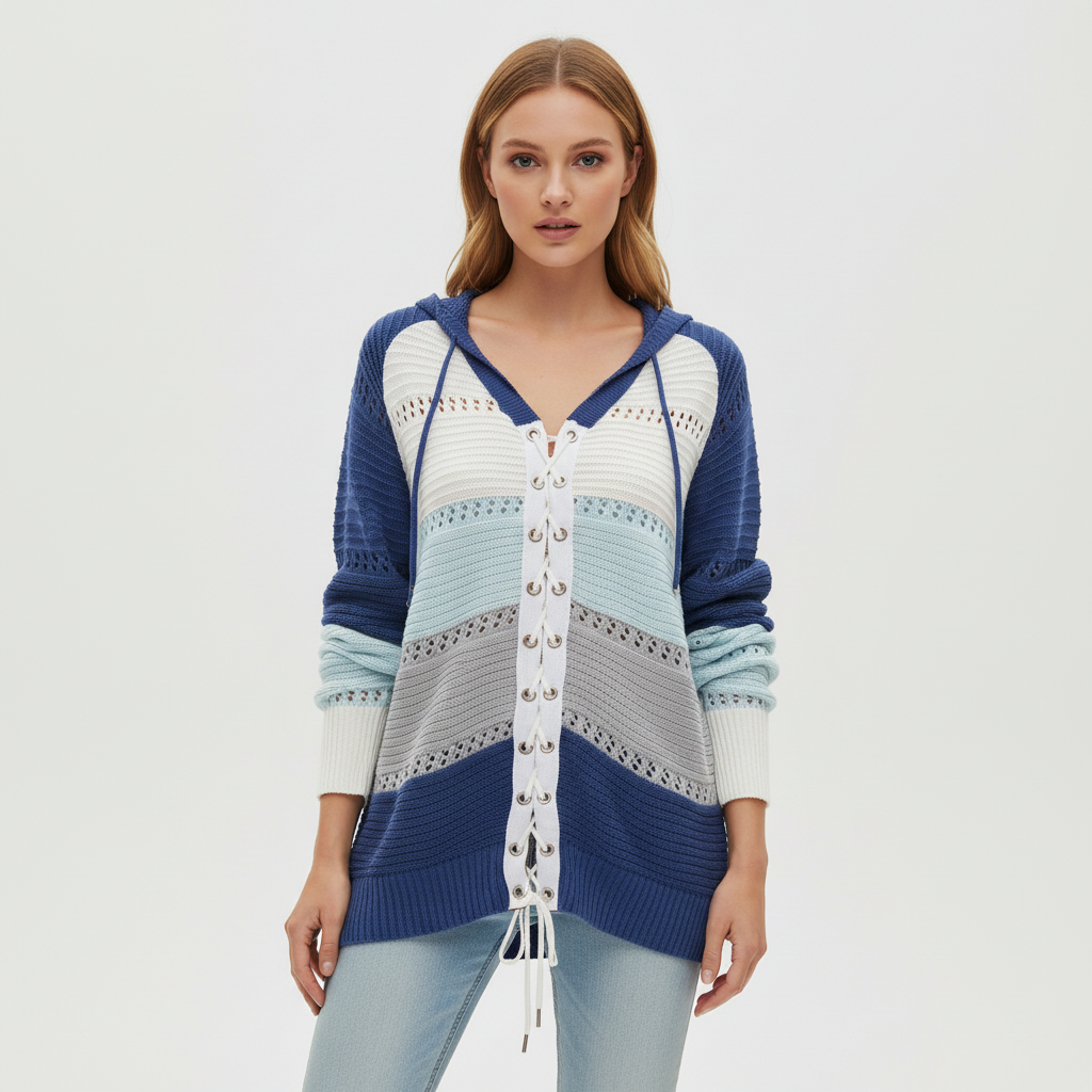 Lily | Women's Hooded Lace Up Knit Sweater with Openwork Panels