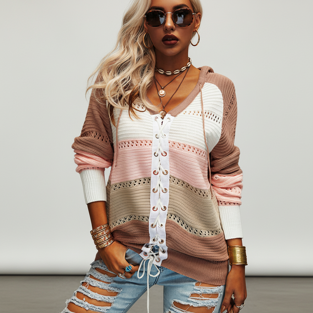 Lily | Women's Hooded Lace Up Knit Sweater with Openwork Panels