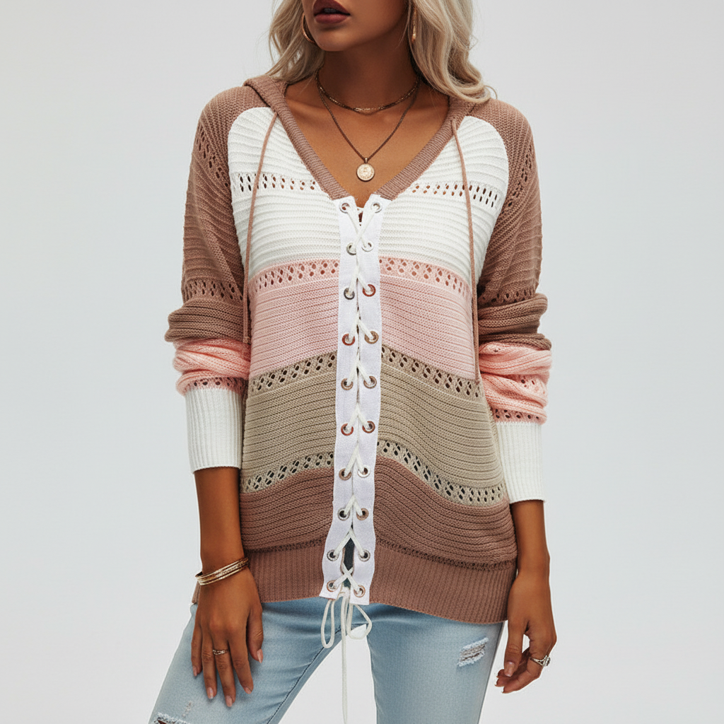 Lily | Women's Hooded Lace Up Knit Sweater with Openwork Panels