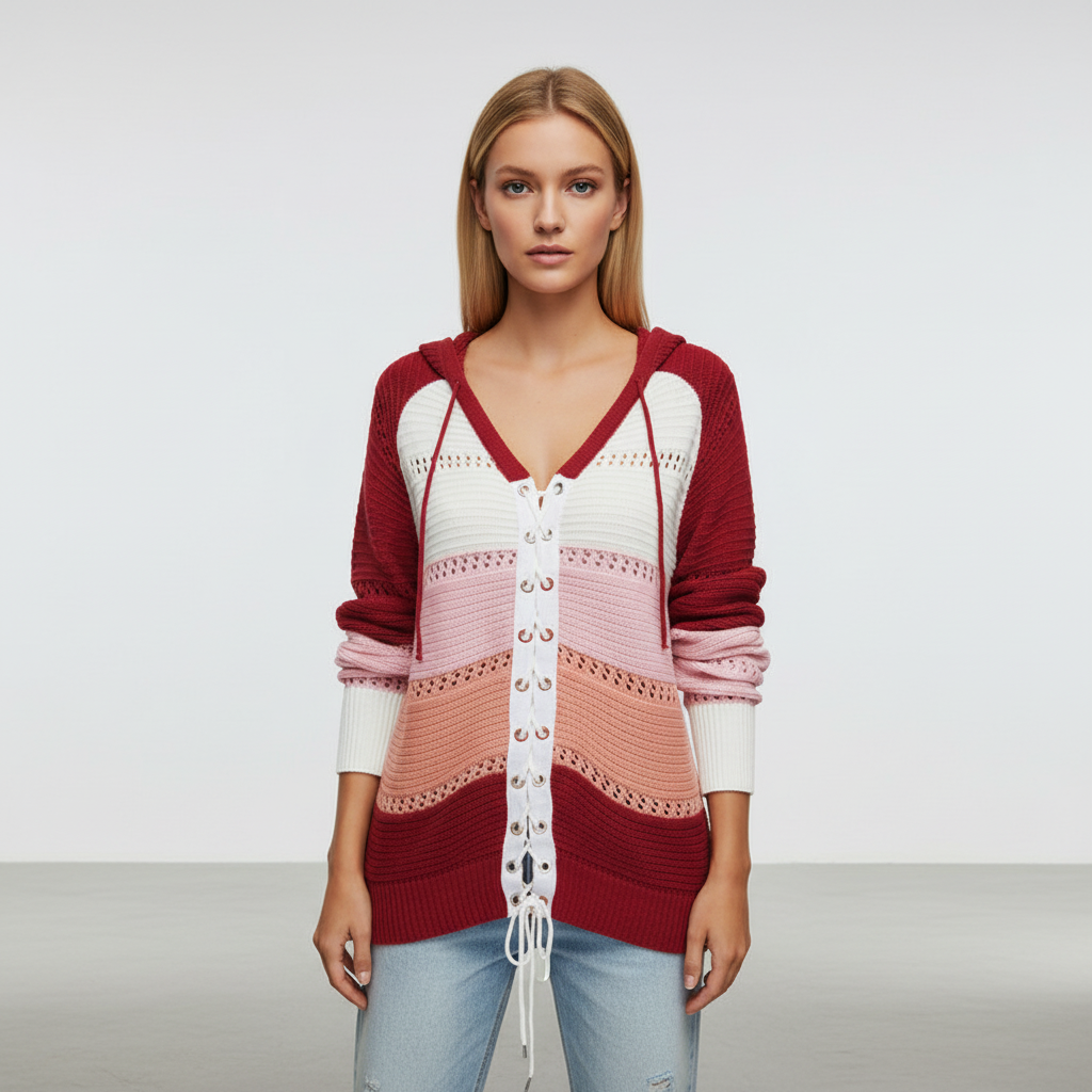 Lily | Women's Hooded Lace Up Knit Sweater with Openwork Panels