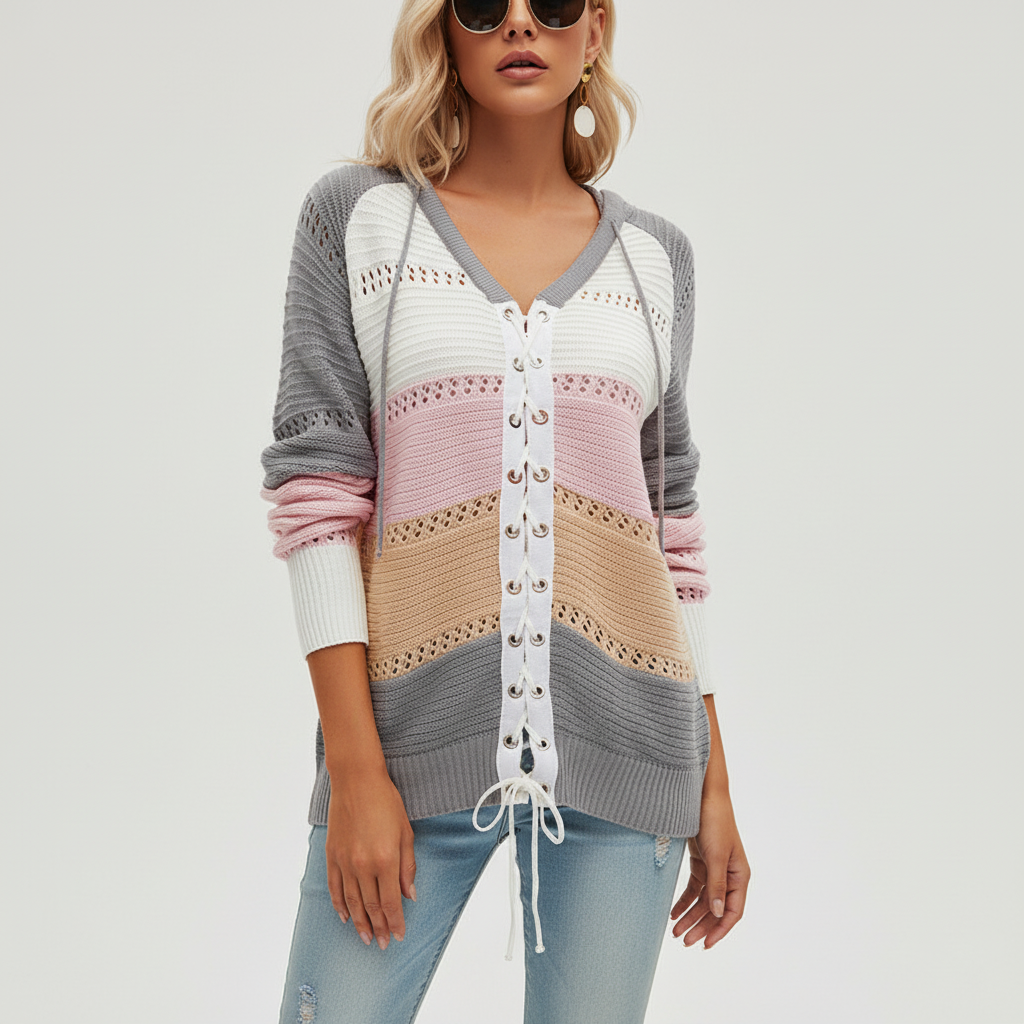 Lily | Women's Hooded Lace Up Knit Sweater with Openwork Panels